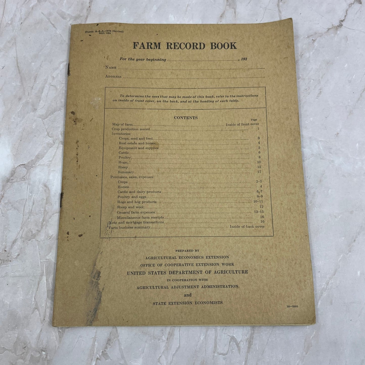 1930s Blank Farm Record Book US Department of Agriculture TG8-VV