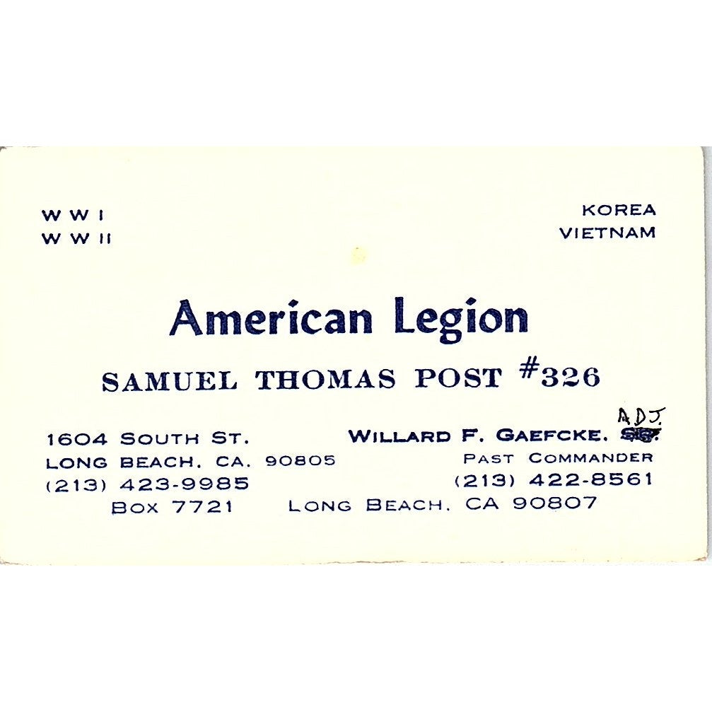 American Legion Samuel Thomas Willard F Gaefcke Long Beach Business Card SB4-B2