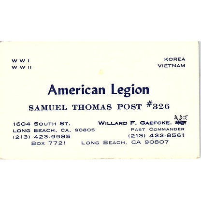 American Legion Samuel Thomas Willard F Gaefcke Long Beach Business Card SB4-B2