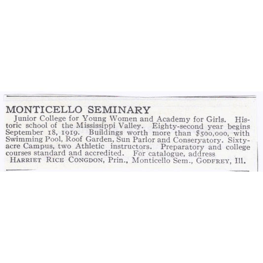 Monticello Seminary Harriet Rice Congdon Godfrey IL c1918 Advertisement AE5-SA4