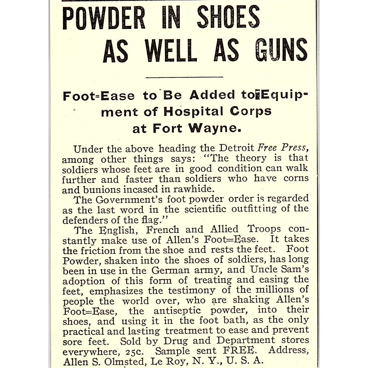 Allen S. Olmstead Foot-Ease Powder Le Roy New York 1916 Ad AF6-15