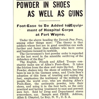 Allen S. Olmstead Foot-Ease Powder Le Roy New York 1916 Ad AF6-15