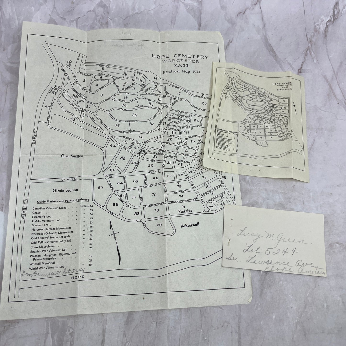 1943 Hope Cemetery Worcester Mass Crepe Paper Map TH2-Y1