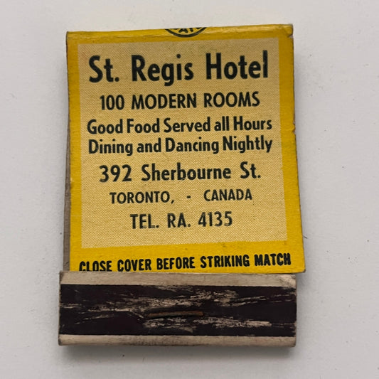 St. Regis Hotel 329 Sherbourne St Toronto CA Vintage Matchbook Cover TB8-MB-1