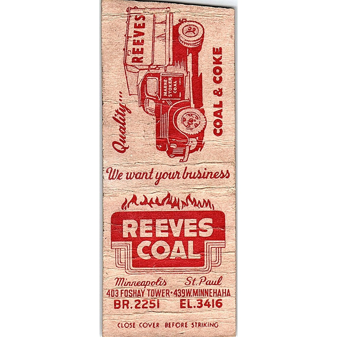 Reeves Coal & Coke Minneapolis St. Paul MN Vintage Matchbook Cover SC7-Y7