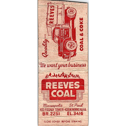 Reeves Coal & Coke Minneapolis St. Paul MN Vintage Matchbook Cover SC7-Y7