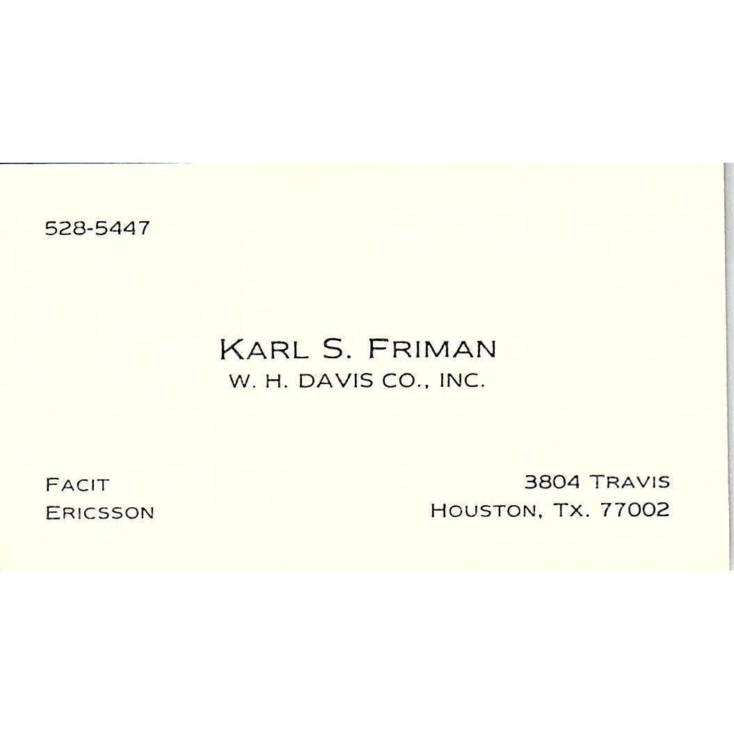 Karl S Friman W.H. Davis Co Houston Vintage Business Card SC9-B5