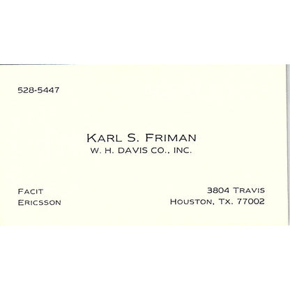 Karl S Friman W.H. Davis Co Houston Vintage Business Card SC9-B5