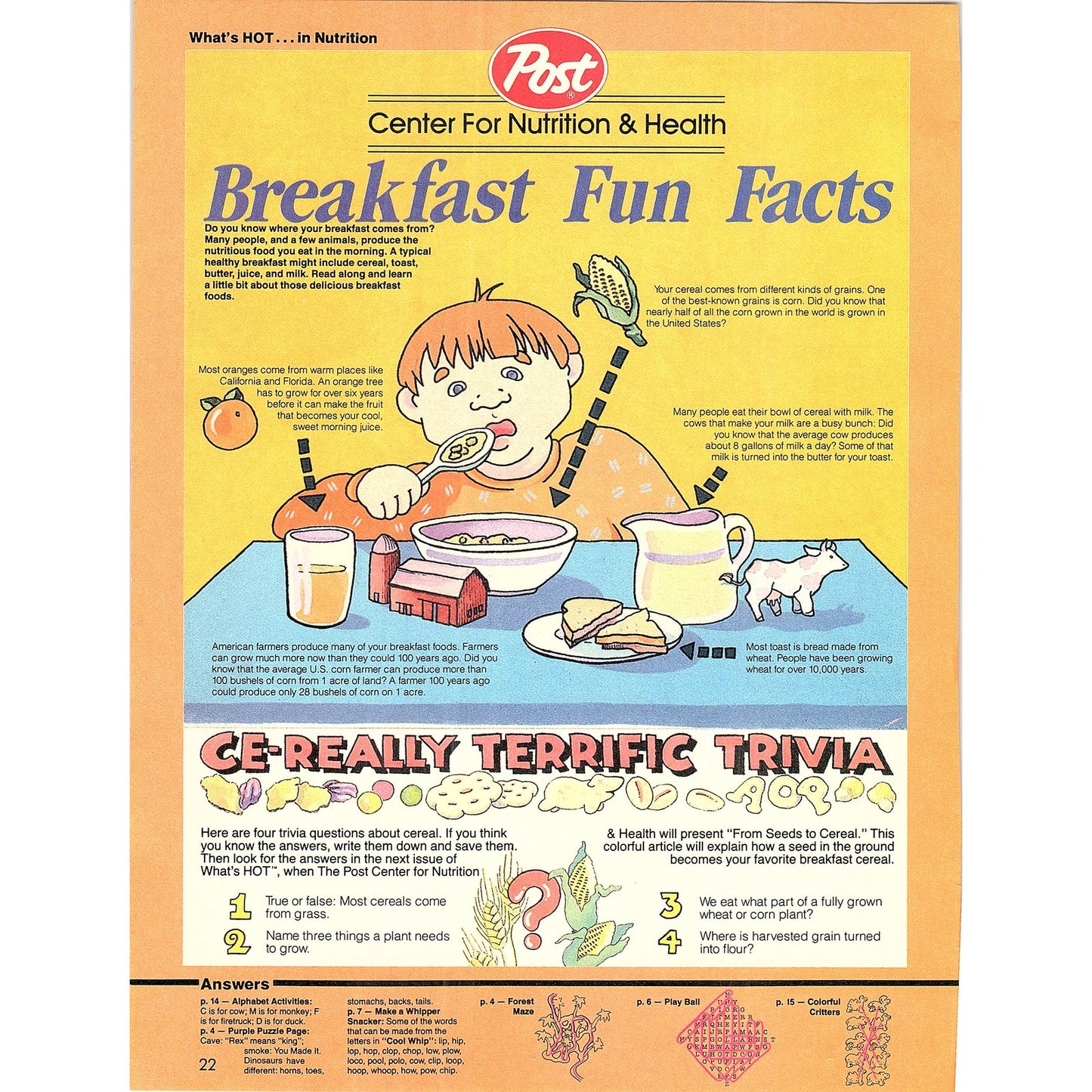 Post Cereal Center For Nutrition & Health Breakfast Fun Facts 1989 Ad AF3-1