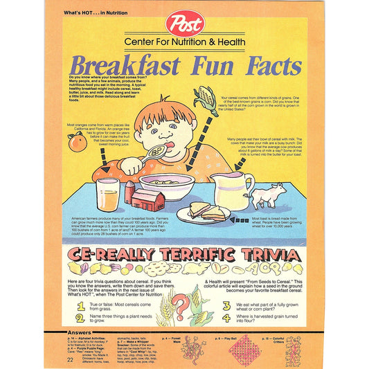 Post Cereal Center For Nutrition & Health Breakfast Fun Facts 1989 Ad AF3-1