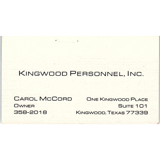 Carol McCord Kingwood Personnel Inc Kingwood TX Vintage Business Card SD9-B12