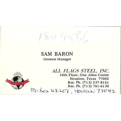 Sam Baron All Flags Steel Inc Houston Vintage Business Card SE5-B2