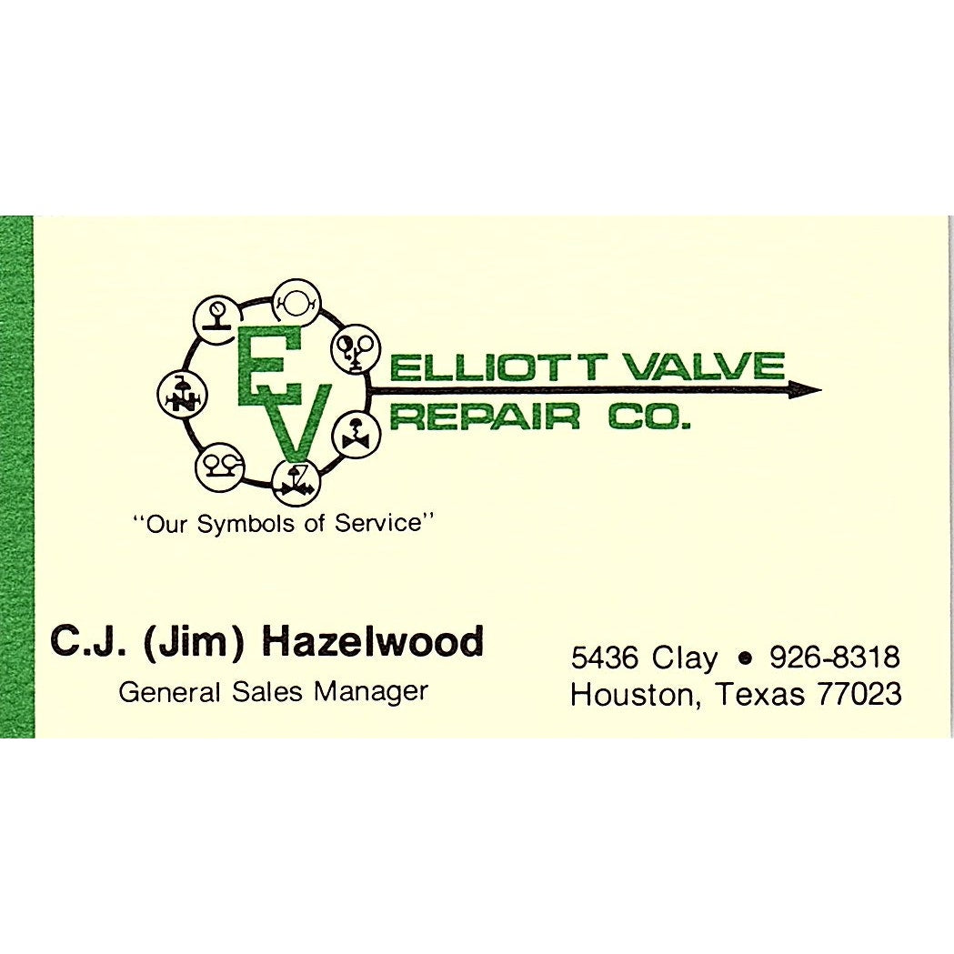 C.J. Jim Hazelwood Elliott Valve Repair Co Houston Vintage Business Card SE5-B1