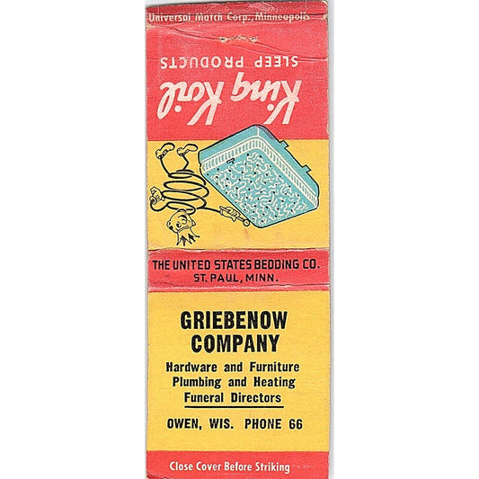 Griebenow Company Funeral Directors Owen WI Vintage Matchbook Cover SC7-Y9