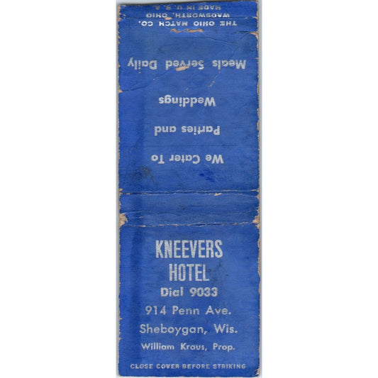 Kneevers Hotel Sheboygan WI William Kraus Vintage Matchbook Cover SD4-Y17
