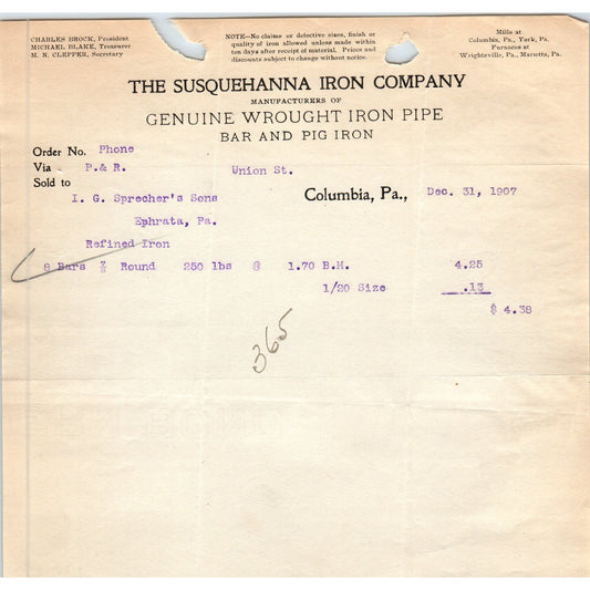 1907 The Susquehanna Iron Company Columbia PA Letterhead Billhead Receipt D11