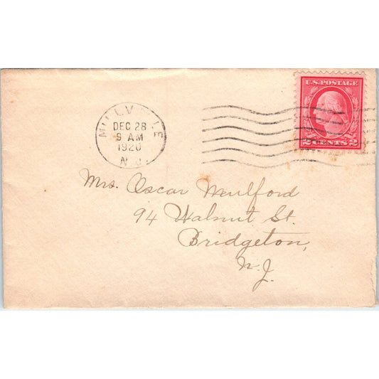 1920 Millville to Mrs. Mulford Bridgeton NJ Postal Cover Envelope TG7-PC2