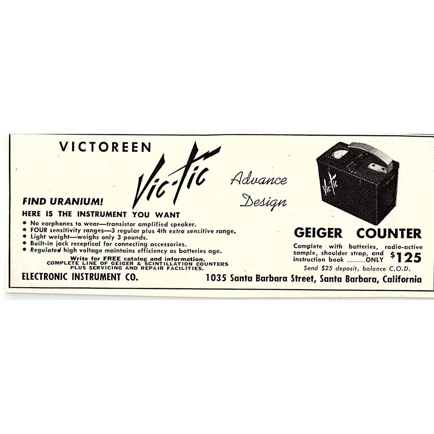 Vic-Tic Geiger Counter Electronic Instrument Co Santa Barbara CA 1955 Ad AF9-6