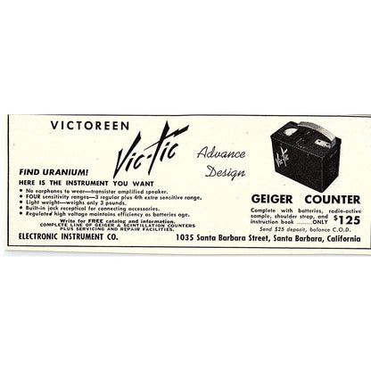 Vic-Tic Geiger Counter Electronic Instrument Co Santa Barbara CA 1955 Ad AF9-6
