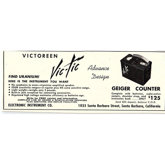 Vic-Tic Geiger Counter Electronic Instrument Co Santa Barbara CA 1955 Ad AF9-6