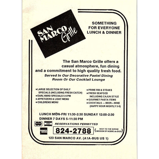 San Marco Grille St. Augustine FL 1989 Ad AF9-13