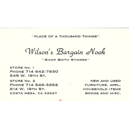 Wilson Bargain Nook Costa Mesa CA Vintage Business Card SB4-B8