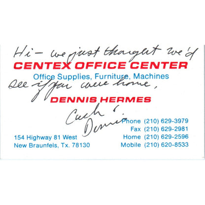 Dennis Hermes Centex Office Center New Braunfels TX Vtg Business Card SD8-B21