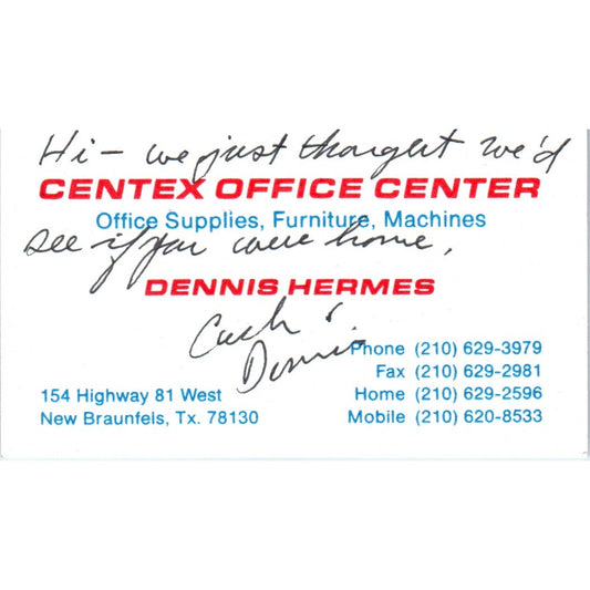 Dennis Hermes Centex Office Center New Braunfels TX Vtg Business Card SD8-B21