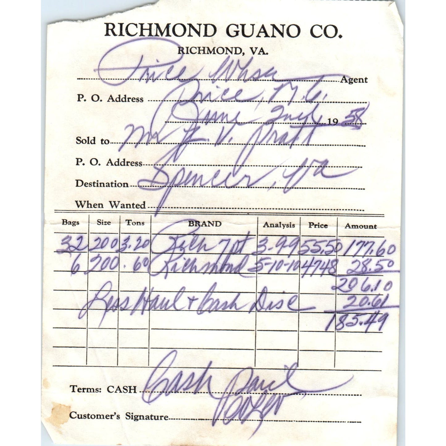 1958 Richmond Guano Co Richmond VA Receipt Billhead AF1-RR5