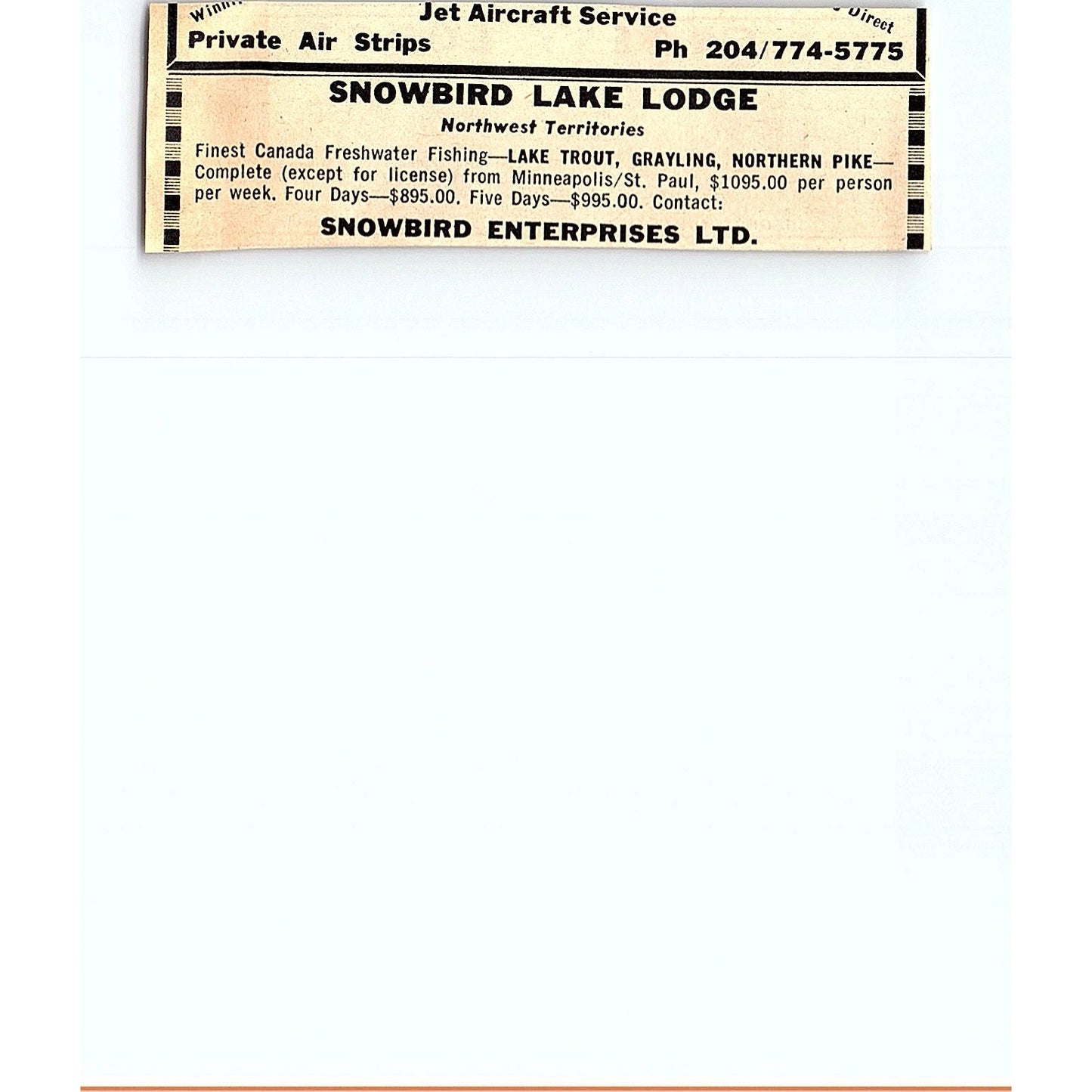 Grassy Lodge Fly-In Fishing Kenora OT George Hohnstein Naples FL 1977 Ad AF6-M1