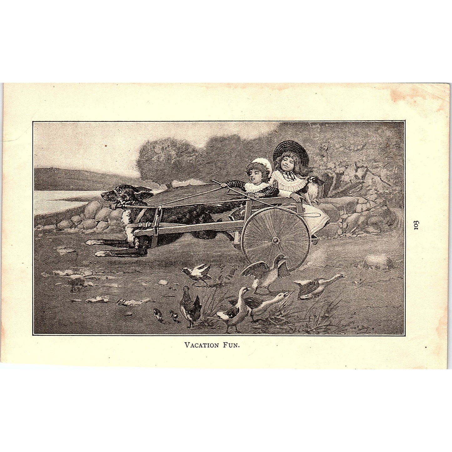 Victorian Dog Pulling Children in Cart Vacation Fun Art Print Engraving 4x6 V19