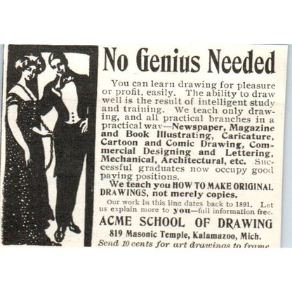 Acme School of Drawing Kalamazoo MI c1905 Original Magazine Advertisement AE7-A1