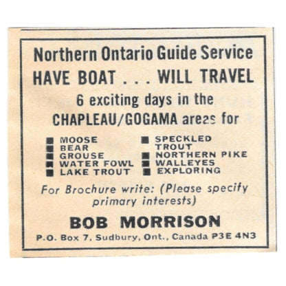 Bob Morrison Northern Ontario Guide Service Sudbury Ont CA 1977 Ad AF6-S1