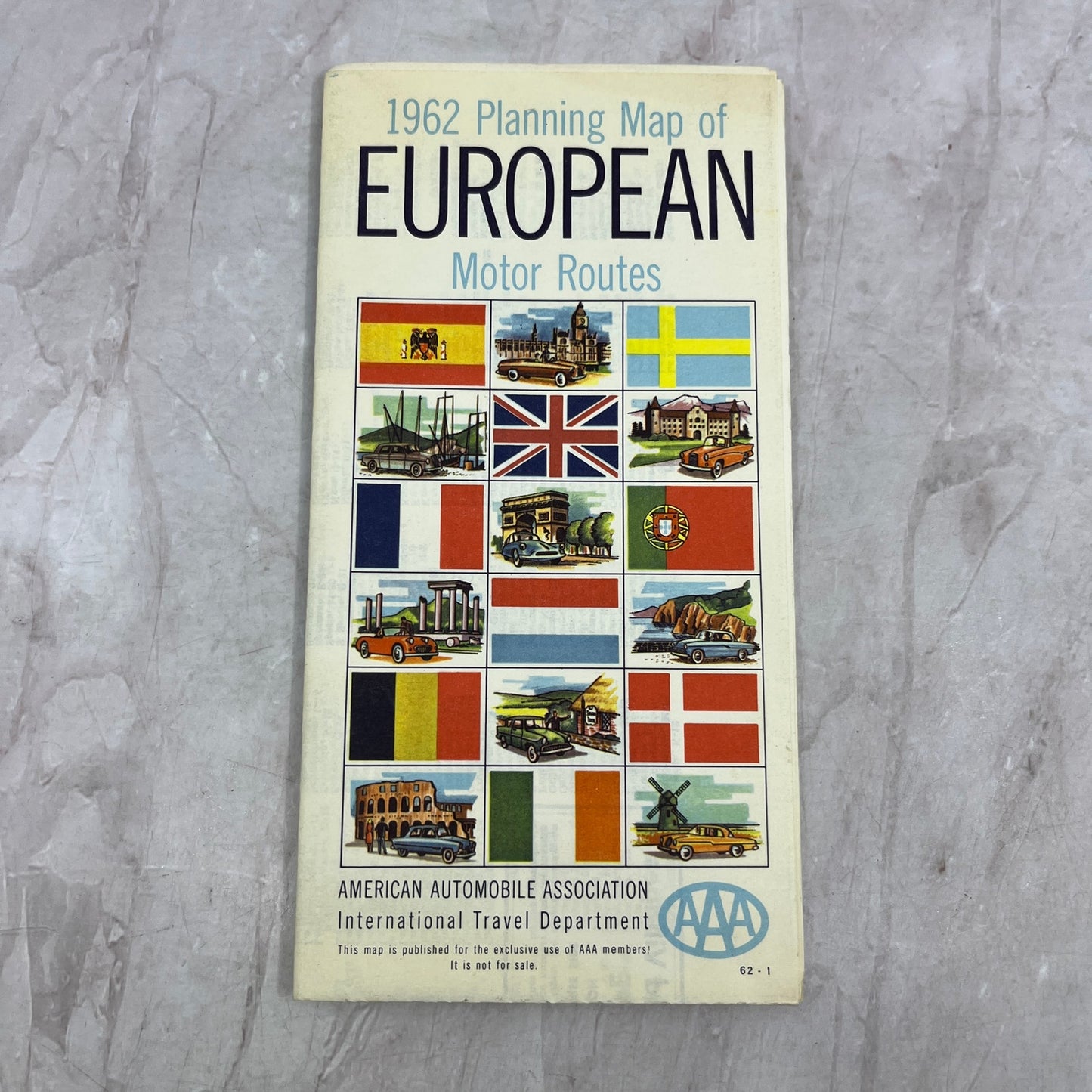 1962 Planning Map of European Motor Routes AAA Fold Out Map ML1-7