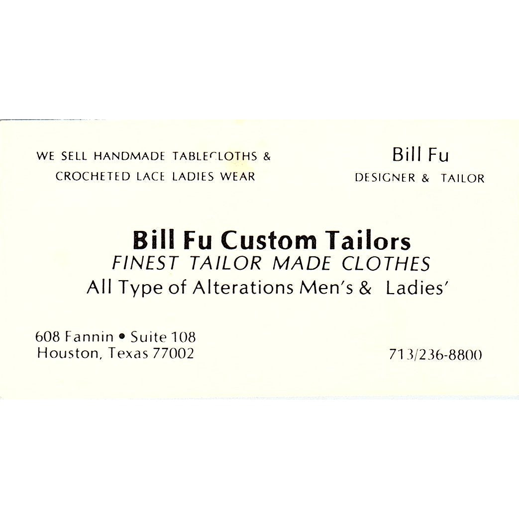 Bill Fu Custom Tailors Houston TX Vintage Business Card SB4-B11