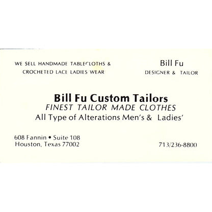 Bill Fu Custom Tailors Houston TX Vintage Business Card SB4-B11