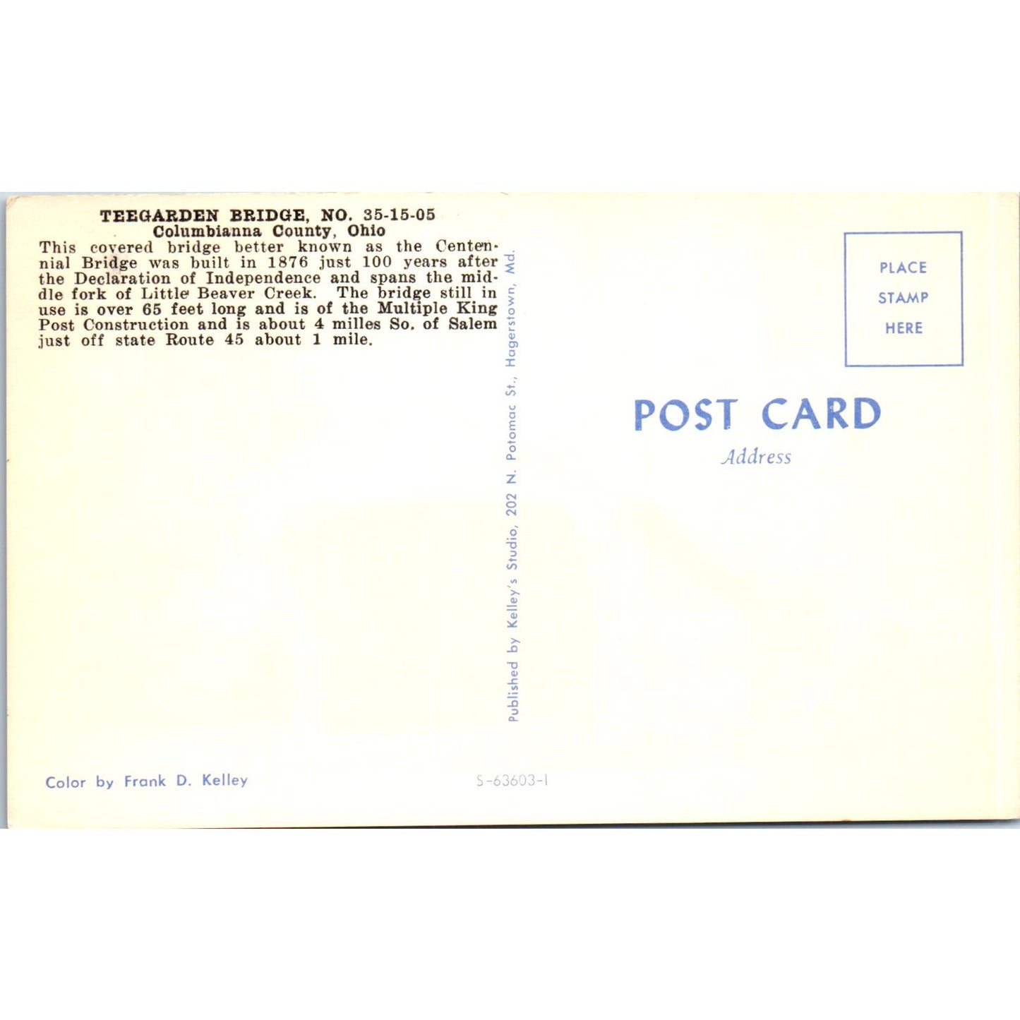 Teegarden Bridge #5 Columbiana County Ohio Covered Bridge Postcard PC6