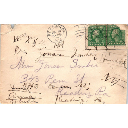 1914 Jonas Imber Reading PA Postal Cover Envelope TG7-PC3