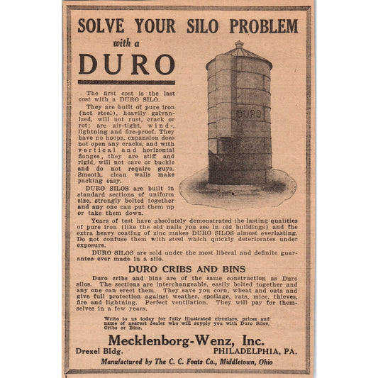 Duro Silo Cribs & Bins Mecklenborg-Wenz Philadelphia 1922 Magazine Ad AF2-A5