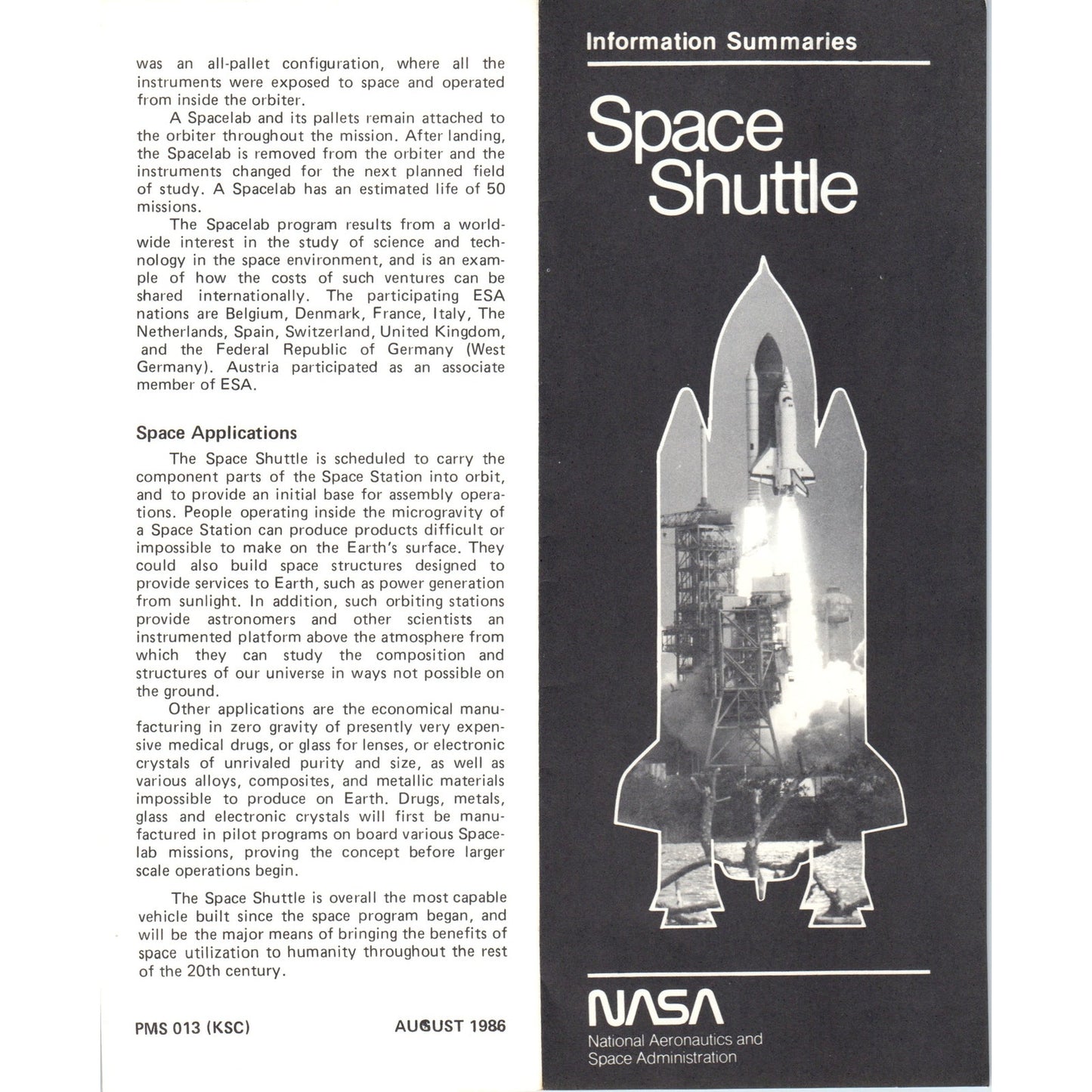 1986 NASA Information Summaries Space Shuttle Travel Brochure TF4-BA