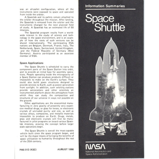 1986 NASA Information Summaries Space Shuttle Travel Brochure TF4-BA