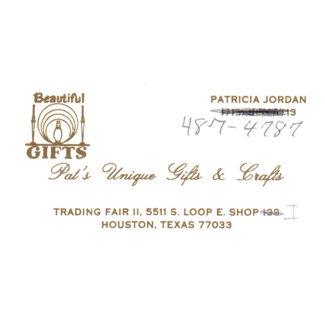 Vint. Pat's Unique Gifts Crafts Patricia Jordan Houston TX Business Card SF3-B1