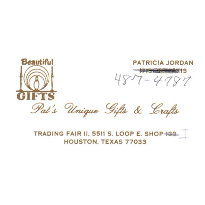 Vint. Pat's Unique Gifts Crafts Patricia Jordan Houston TX Business Card SF3-B1