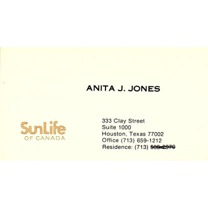 Anita J Jones SunLife of Canada Houston Vintage Business Card SD9-B6