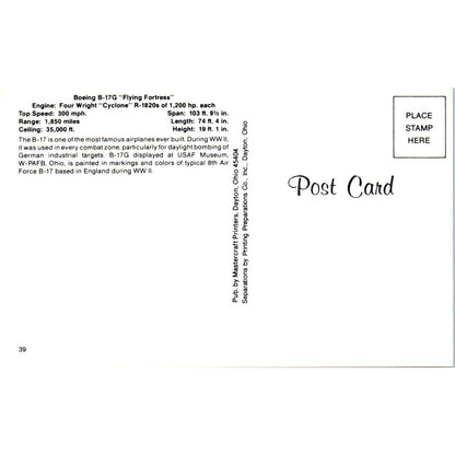 Boeing B-17G Flying Fortress Vintage Postcard PC19