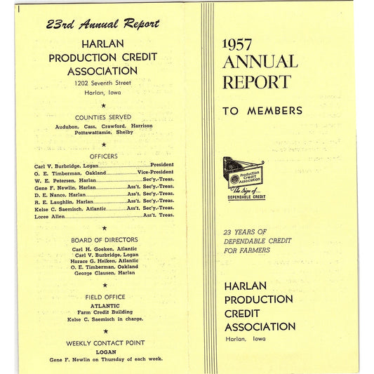 1957 Harlan Production Credit Association Annual Report Iowa Brochure AG5-H6