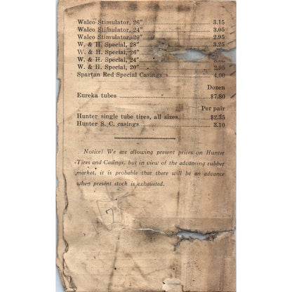 1925 Walthour & Hood Co. Atlanta GA Wholesale Tire Prices List AE6