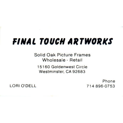 Final Touch Artworks Lori O'Dell Westminster CA Vintage Business Card SD4-B1