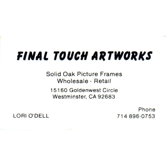 Final Touch Artworks Lori O'Dell Westminster CA Vintage Business Card SD4-B1