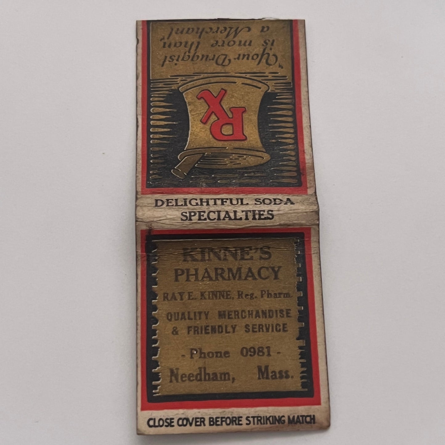 Kinne's Pharmacy Ray E. Kinne Needham MA Vintage Matchbook Cover TB8-MB2-2